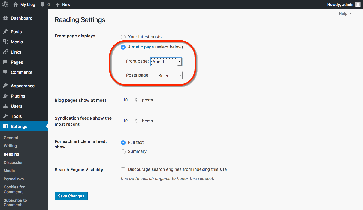 screen shot of Word press reading settings