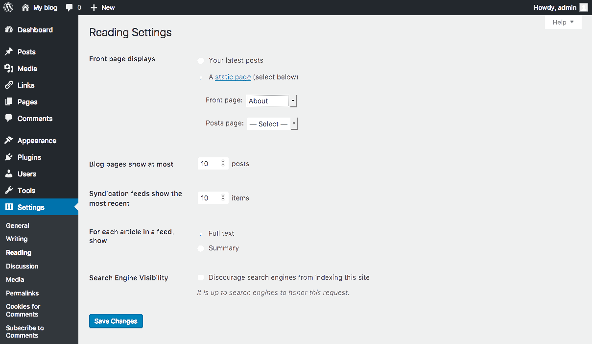 screen shot of WordPress reading settings