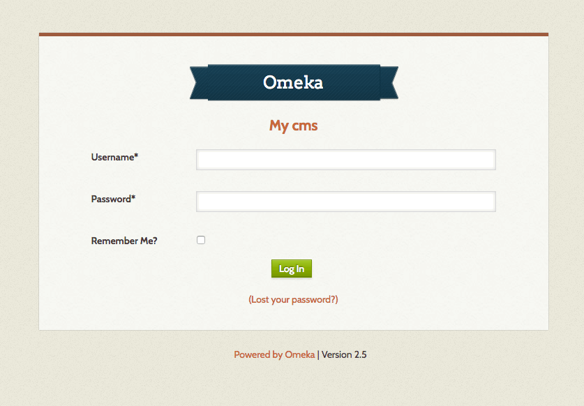 Omeka login screen