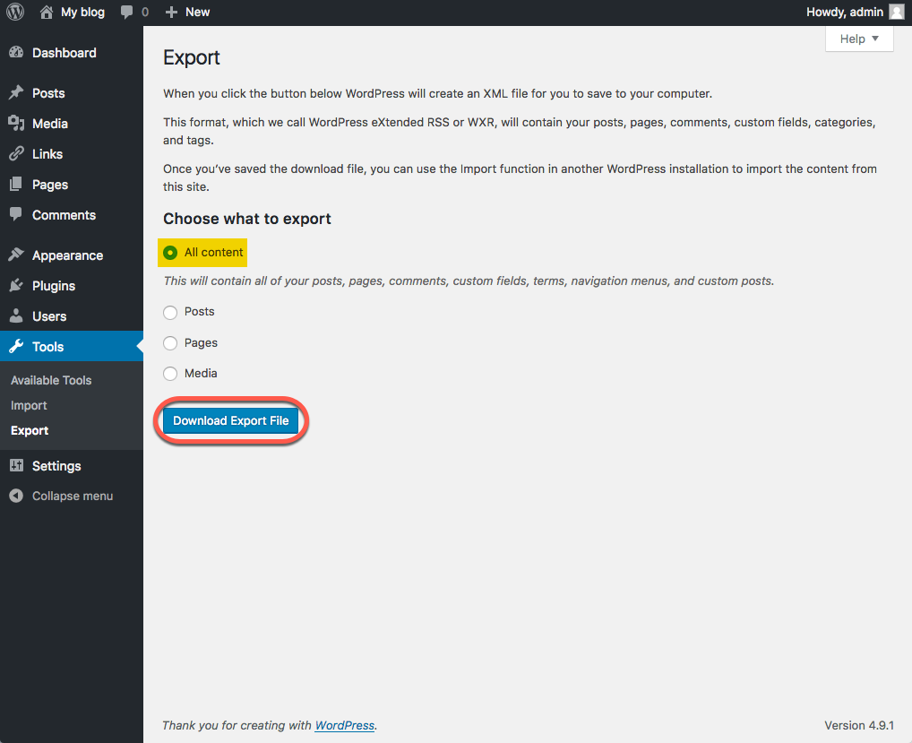 The export page within WordPress